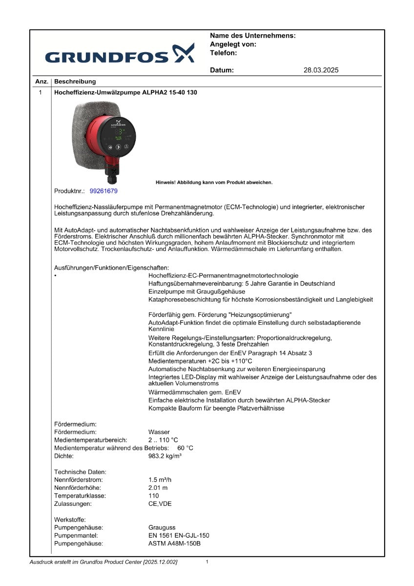 Grundfos ALPHA2 Hocheffizienz-Umwälzpumpe 1x230V PK25/109