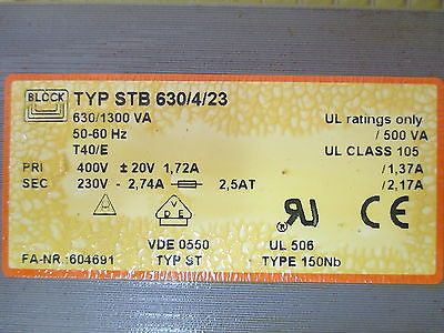 Block Transformator STB 630/4/23 Trafo pri.400V +/- 20V sek.230V 2,74A T9/639