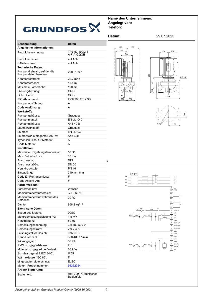 Grundfos TPE 50-190/2 A-F-A-GQQE Trockenläuferpumpe Energiesparpumpe P25/16