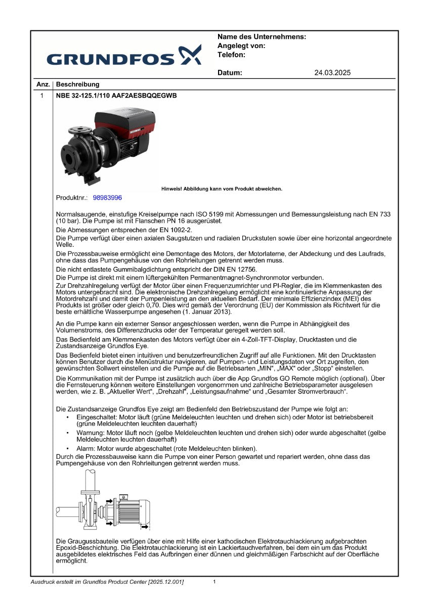 Grundfos NBE 32-125.1/110 AAF2AESBQQEGWB Kreiselpumpe 3x380-500V IE5 1,1 kW PK25/104
