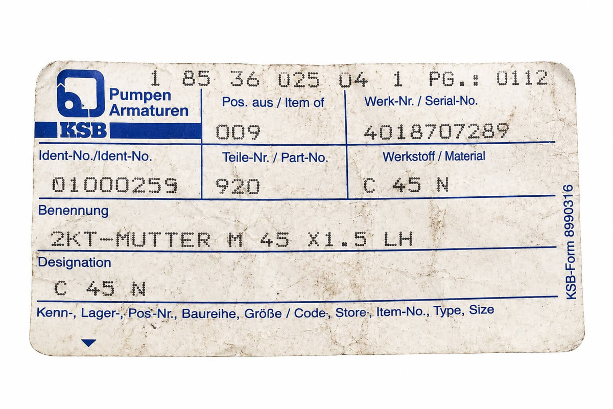 KSB 2KT Mutter M 43 x 1,5 LH Gewinde 1 1/4 Zoll Nr. 01000255 S12/313
