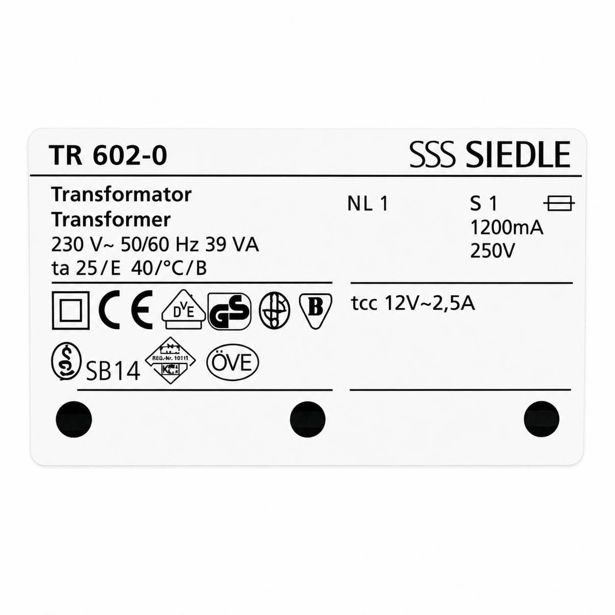 Siedle Transformator TR 602-0 – 230 V – 39 VA – Klingeltrafo