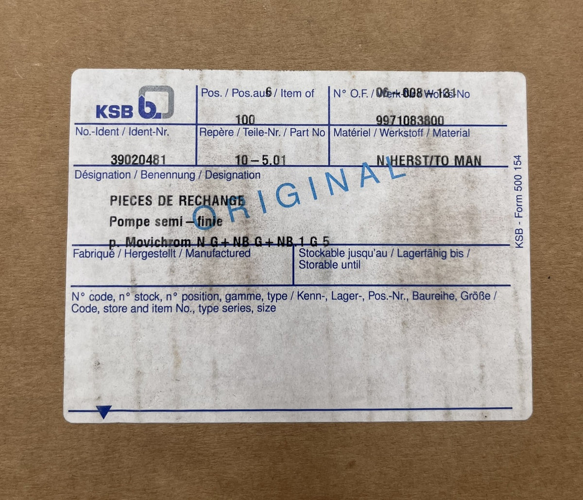 KSB Wellenrad Movichrom N G + NB G + NB 1 G 5 39020481 Druckstufe Förderrad P12/312