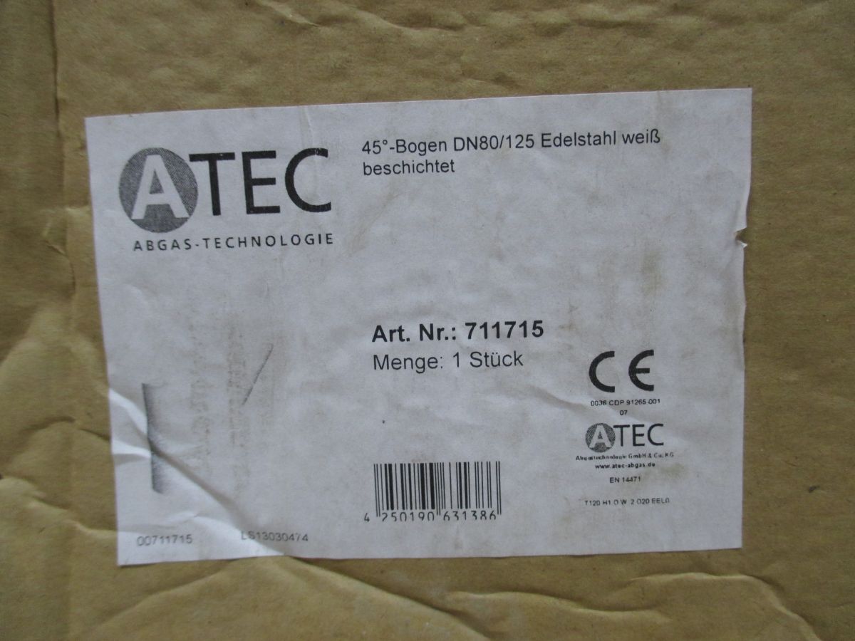 Atec Abgas Bogen 45° DN 80 / 125 Edelstahl weiß beschichtet Nr 711715 K18/164