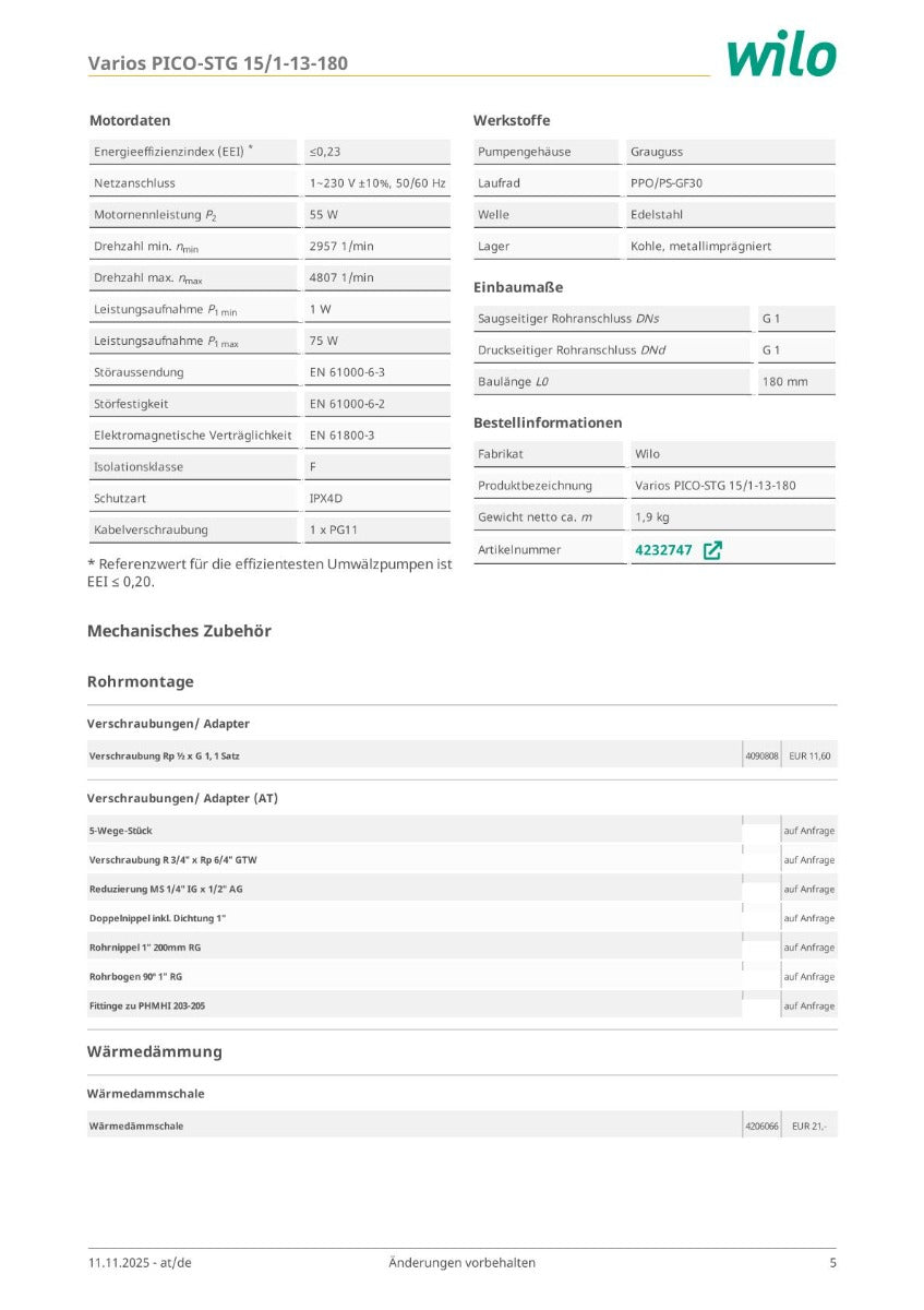 Wilo Varios PICO STG 15/1-13 180 vielseitigste Austauschpumpe 1x230V Umwälzpumpe PK25/336