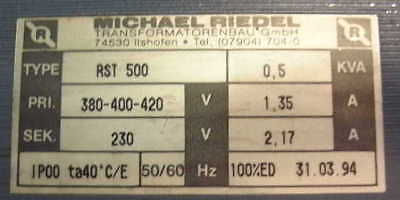 Riedel RST 500 Trafo 380/400/420V auf 230V 500 VA – Transformator  T10/244