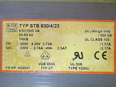 Block Transformator  STB 630/4/23  Trafo pri.400V +/- 20V sek.230V 2,74A  T9/639