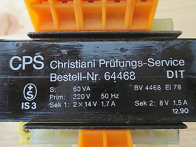 CPS Transformator  64468  Trafo  pri. 220 V  sek. 2x14 V und 1x8 V  60VA  T9/740