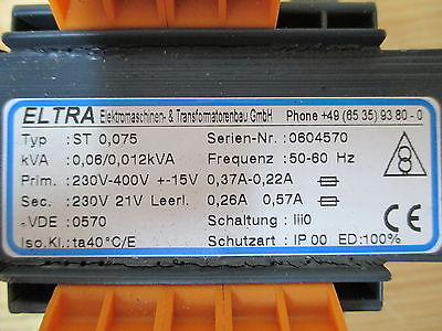 Eltra Transformator ST 0,75 Trafo pri.230-400V +/- 15V  sek.230V/21V  60/120VA  T9/736