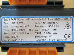 Eltra Transformator ST 0,75 Trafo pri.230-400V +/- 15V  sek.230V/21V  60/120VA  T9/736
