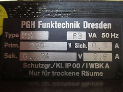 PGH Transformator  Type 85  Trafo  pri. 220 V  sek. 6 - 24 V  63 VA  T9/825