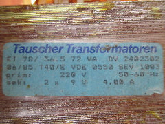 Tauscher Transformator  EI 78/36,5  Trafo  pri. 220 V  sek. 2x9 V  72 VA  T9/868