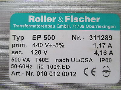 Transformator  EP 500  Trafo  pri.440 V +/- 5%  sek.120 V  4,16A  500 VA  T9/719