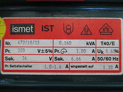 Ismet Transformator  IST  Trafo  pri.220V +/- 5%  sek.24V  6,66A  160 VA  T9/880