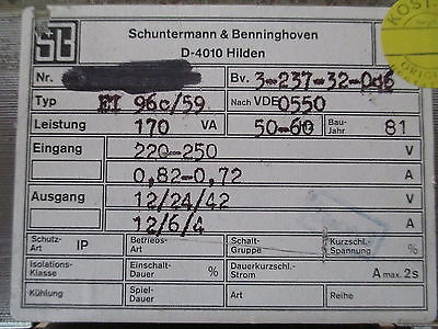 S+B Transformator  EI 96c/59  Trafo  pri. 220-250 V  sek. 12/24/42 V  170 VA T9/914