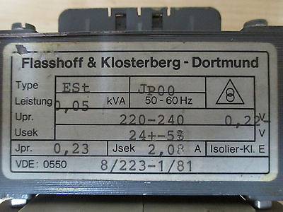 Flasshoff & Klosterberg  ESt JP00 Trafo  pri. 220 - 240 V  sek. 24 V +/- 5%  50 VA T9/782