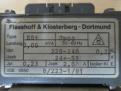 Flasshoff & Klosterberg  ESt JP00 Trafo  pri. 220 - 240 V  sek. 24 V +/- 5%  50 VA T9/782