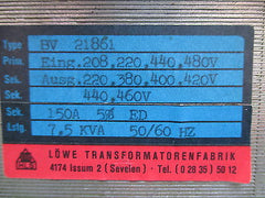 Löwe Trafo BV 21861  Pri: 208 220 440 480V Sec 220 380 400 420 440 460V 7,5KVA  T15/4