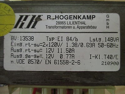 Transformator Hogenkamp EI 84 / b pri. 2 x 120 V sek 2 x 12 V 148 VA  T9/955
