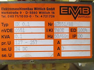 EMB Typ EK 0.1 Nr. 47551/88 Trafo Transformator  pri 127-257V sec 24V AC  T9/642