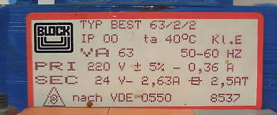 Transformator Trafo Block 220 V sec 24 V 63 VA Bestnr.:T10/270