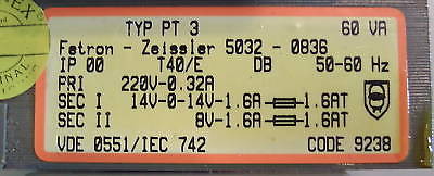 Block BT3 Transformator 220V sec 2x14V 8V 60VA  T10/260