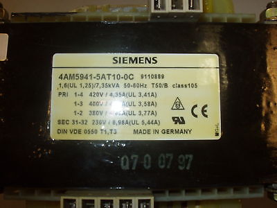 Trafo SIEMENS pri 420 400 380 V sec 230 1,6 / 7,35 KVA  T10/289