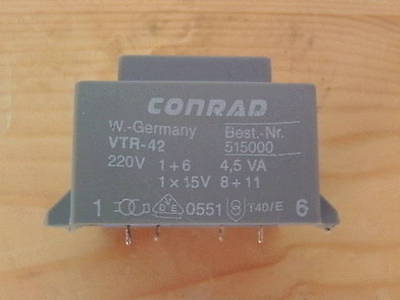 Conrad VTR-42 515000 Trafo Transformator  pri 220 V sek. 1x15 V 4,5 VA  T12/18
