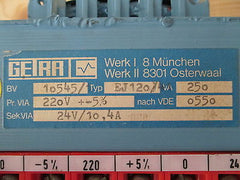 Getra Transformator  EJ 120/41  Trafo  pri.220 V +/- 5%  sek.24 V  250VA  T9/689