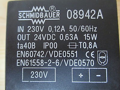 Schmidbauer Transformator  08942 A  Trafo  pri.230 V  sek.24 V DC  15 W  T9/739