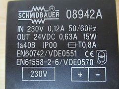 Schmidbauer Transformator  08942 A  Trafo  pri.230 V  sek.24 V DC  15 W  T9/739