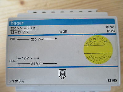 Hager Transformator  ST 313  Trafo  pri. 230 V  sek. 12 und 24 V  16 VA  T9/742