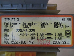 Feltron - Zeissler_5032 - 0836 Typ PT 3 60 VA pri. 220V sec. 2x14V und 8V  T13/3