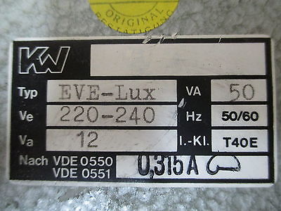 KW EVE-Lux  Transformator  Trafo  pri. 220-240V  sek. 12V  50VA  T9/938