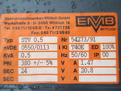 Wittlich Transformator  STV 0,5  Trafo  pri.380 +/- 5%  sek.24V  500 VA  T9/667
