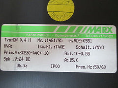 Marx Transformator  DN 0,4 H Trafo  pri. 3x230-400V +/- 10%  sek. 24V DC  T9/671