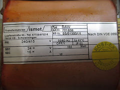 Ismet DAW  Trafo  pri. 240 / 415 V  sek. 24 V DC  16 A  T9/864
