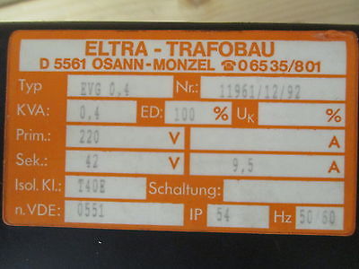 Eltra Transformator  EVG 0,4  Trafo  pri. 220 V  sek. 42 V  400 VA  T9/842