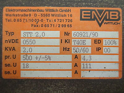 EMB Transformator  STT 2,0  Trafo  pri.500 V +/- 5%  sek.18 V  2000 VA  T9/984