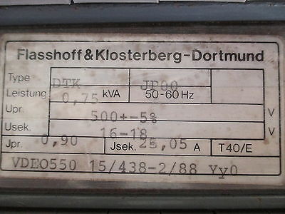 Flasshof & Klosterberg  DTK Trafo  pri.3x500 V +/- 5%  sek. 3x16V / 3x18V  750 VA  T10/305