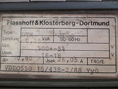 Flasshof & Klosterberg  DTK Trafo  pri.3x500 V +/- 5%  sek. 3x16V / 3x18V  750 VA  T10/305
