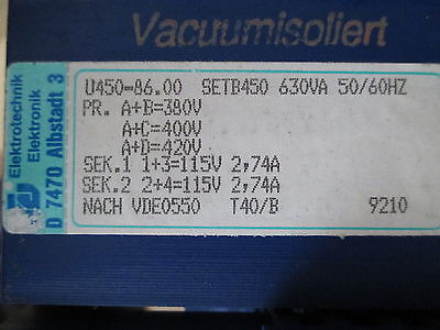 Transformator U 450-86.00  Trafo  pri.380/400/420 V  sek.2x115 V  630 VA  T9/885