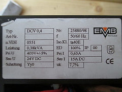 Transformator  DCV 0,4  Trafo  pri.400V +/- 5%  sek.24V DC  15A  380 VA  T9/883