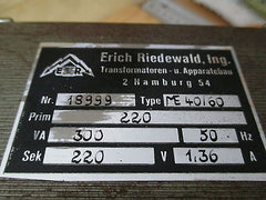 Riedewald Transformator  ME 40/60  Trafo  pri. 220 V  sek. 220 V  300 VA T9/965