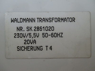Waldmann Transformator  SK 2861020  Trafo  pri. 230 V  sek. 5,5 V  20 VA T9/917