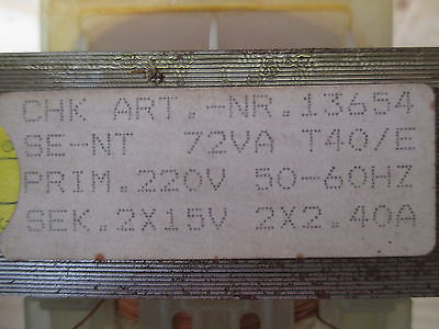 CHK Transformator  Art.Nr. 13654  Trafo  pri. 220 V  sek. 2x15 V  72 VA T9/867
