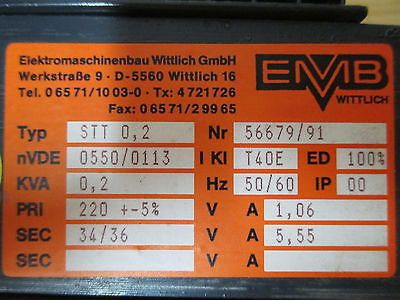 Wittlich STT 0,2 Trafo pri.220V +/- 5%  sek.34/36V  200VA T9/798