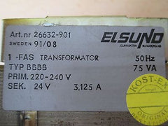 Transformator Elsund Trafo BBBB pri 220 - 240 V AC sek 24 V 3,125 A 75VA T9/628