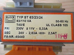 Trafo BLOCK ST 63/23/24   pri 230V sec 24V  63/110VA T9/706