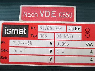 Trafo Ismet MGS pri 220 -+ 5% sek 24 V DC 96 Watt 96 VA  4 A  KOST-EX T9/776